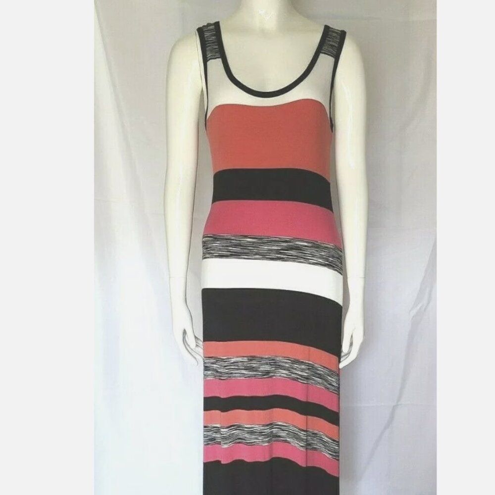 Premise Women's Maxi Dress multi coral black stripe white stretch beachy Small